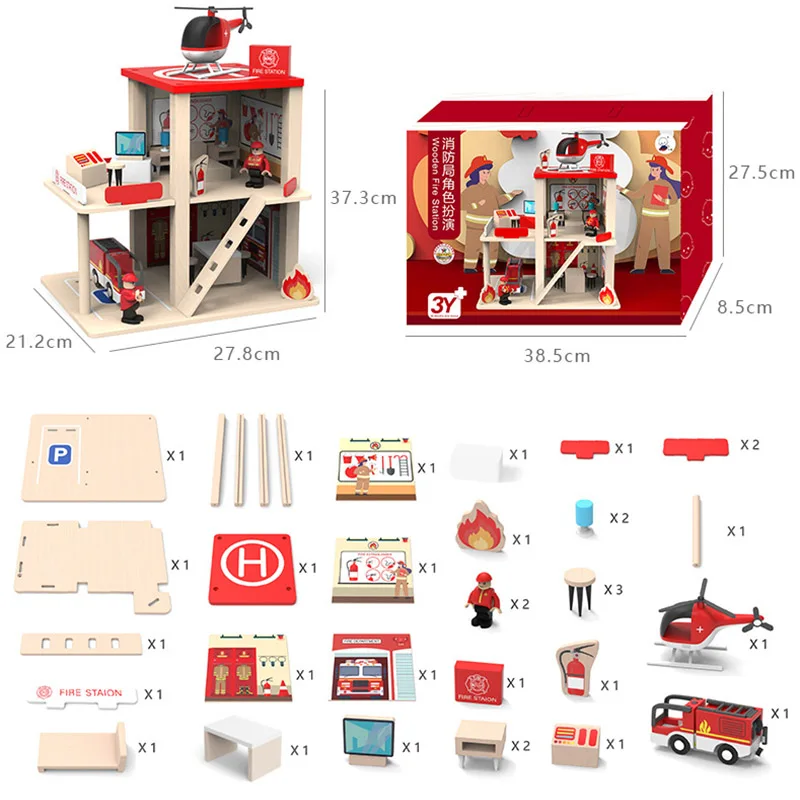 Wooden Police Office Fire Station Boys DIY Role Play Car Fire Truck Construction Building Blocks Assembled House Children Toys