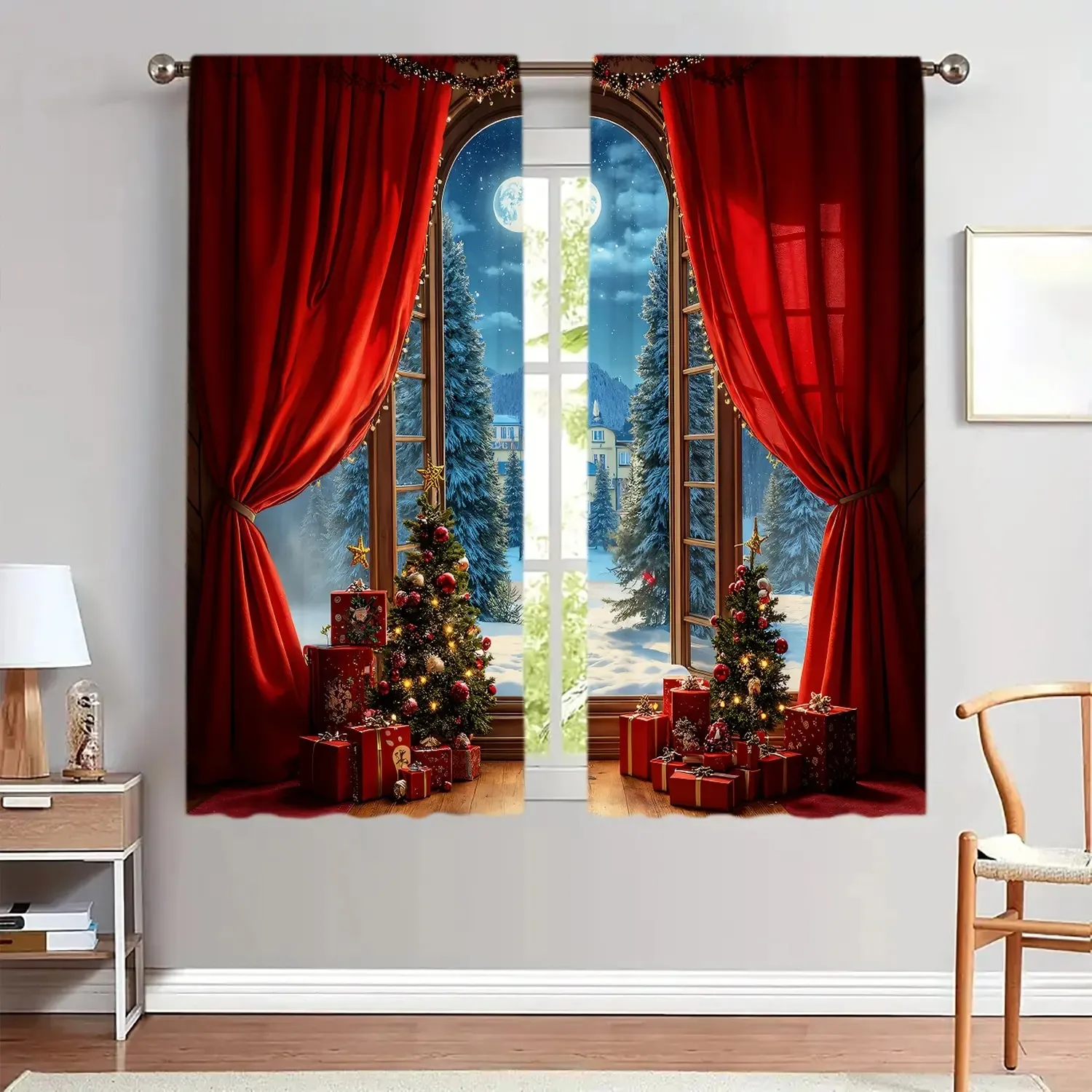 2PCS Digital Print Curtains, Red Arched Window Christmas Tree Snowy Night Village, Cozy Holiday for Living Room Bedroom Decor
