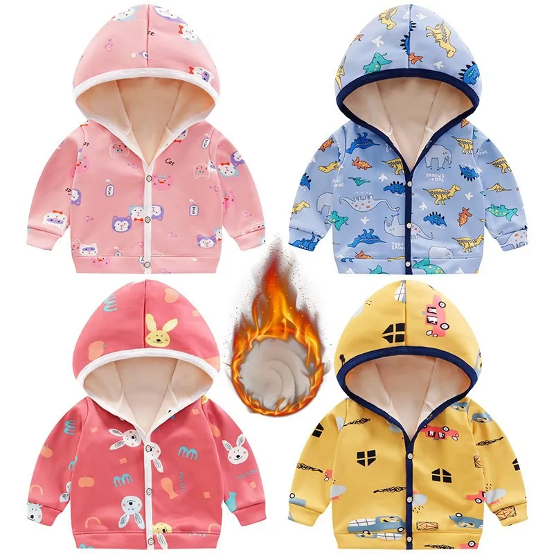 Children Fall and Winter Boys and Girls Padded and Thickened Cartoon Jacket Baby Infant Hooded Sweater Cardigan Jacket Coat