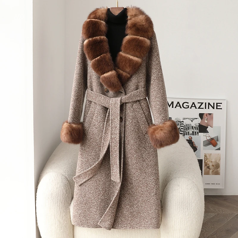 

Woolen Jacket Women Winter Real Natural Fox Fur Coat Hooded Detachable Collar Double-faced Long Jacket Casual Elegant Overwears