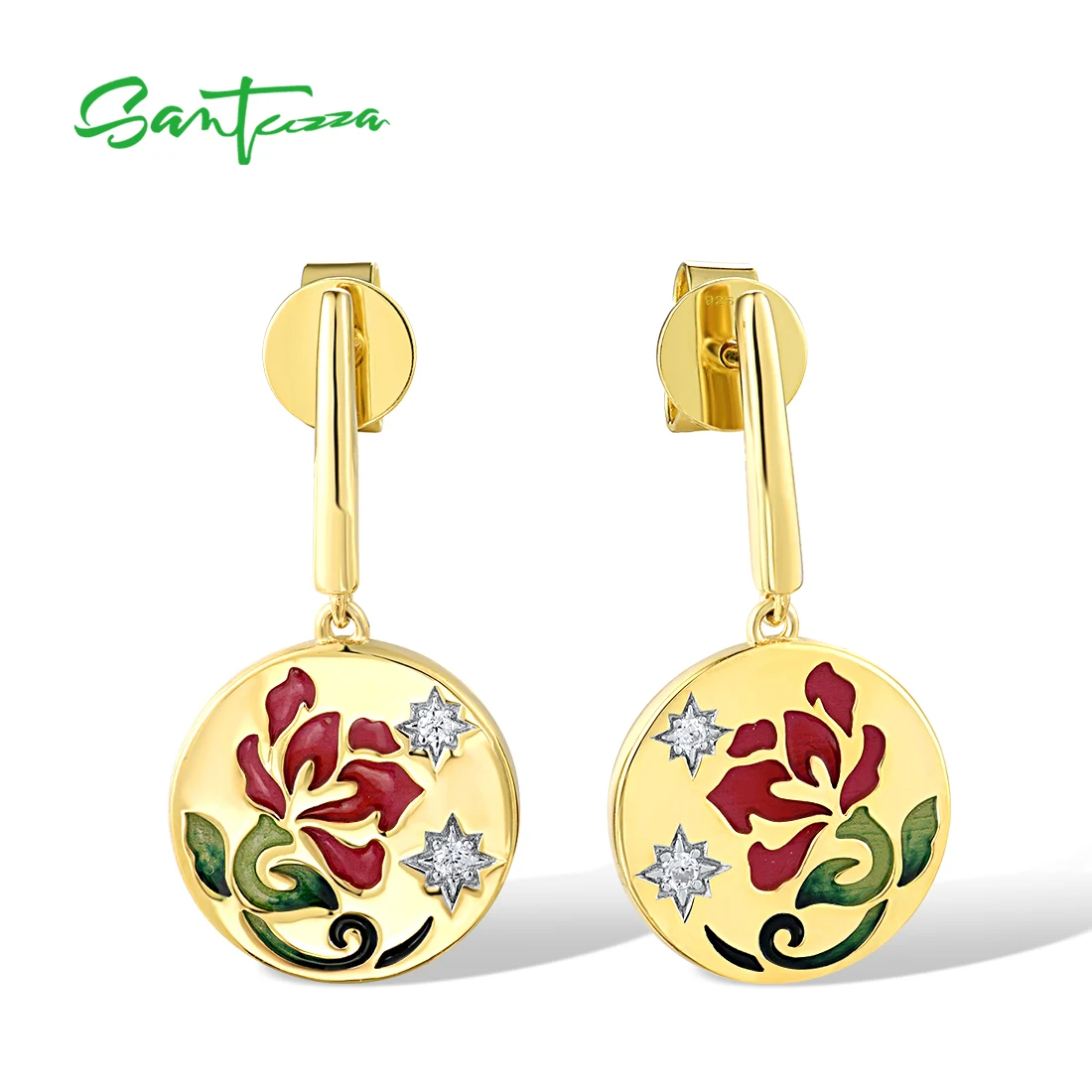 

SANTUZZA Real 925 Sterling Silver Drop Earrings For Women Sparkling White CZ Red Flower Enamel Classical Wedding Fine Jewelry