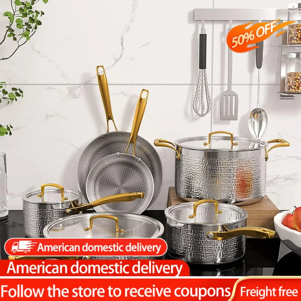 

Pots and Pans Set, Tri-Ply Stainless Steel Hammered Kitchen Cookware, Induction Compatible, Dishwasher and Oven Safe,