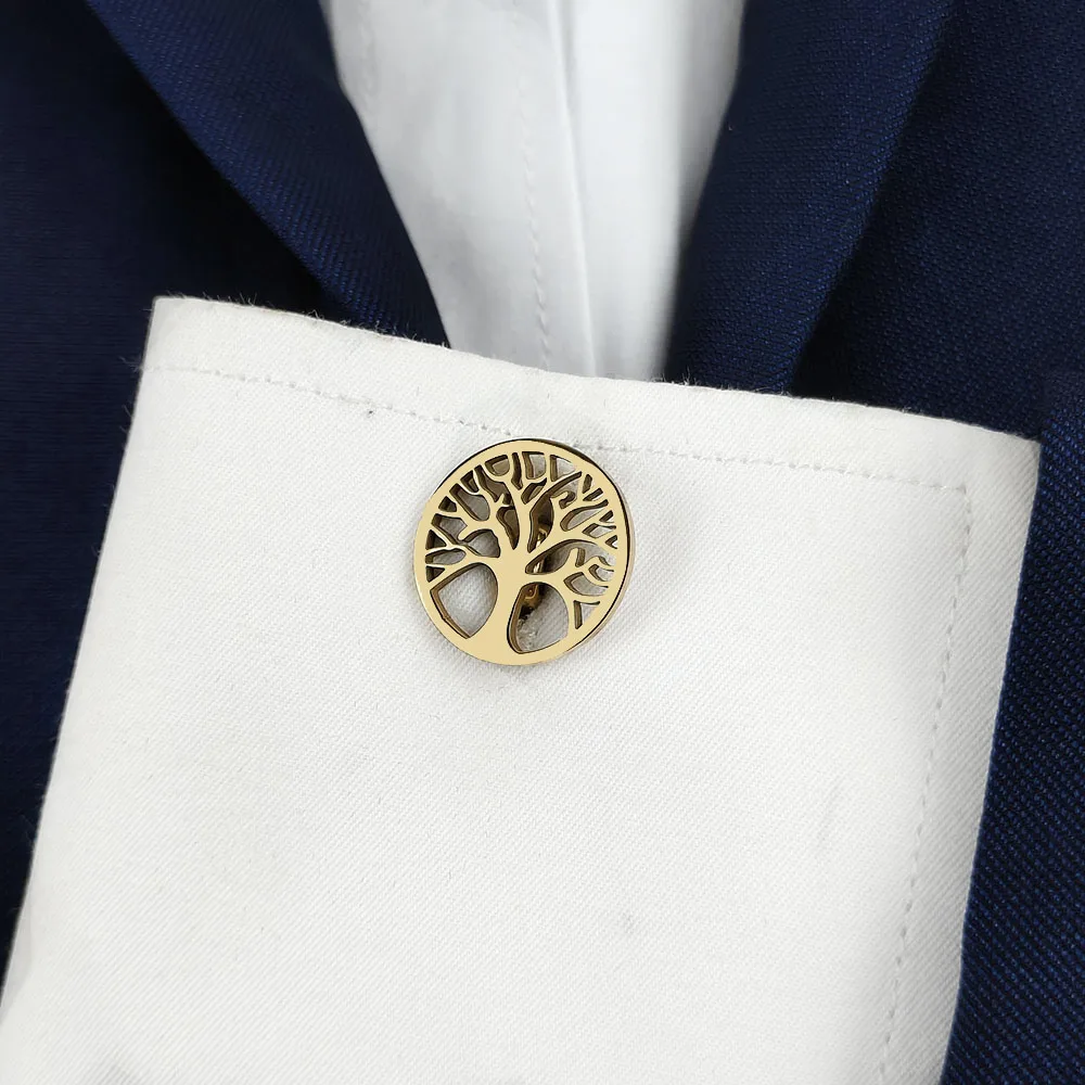 New -18K gold-plated stainless steel cufflinks: tree of life design, fashionable lapel pins, gifts for friends