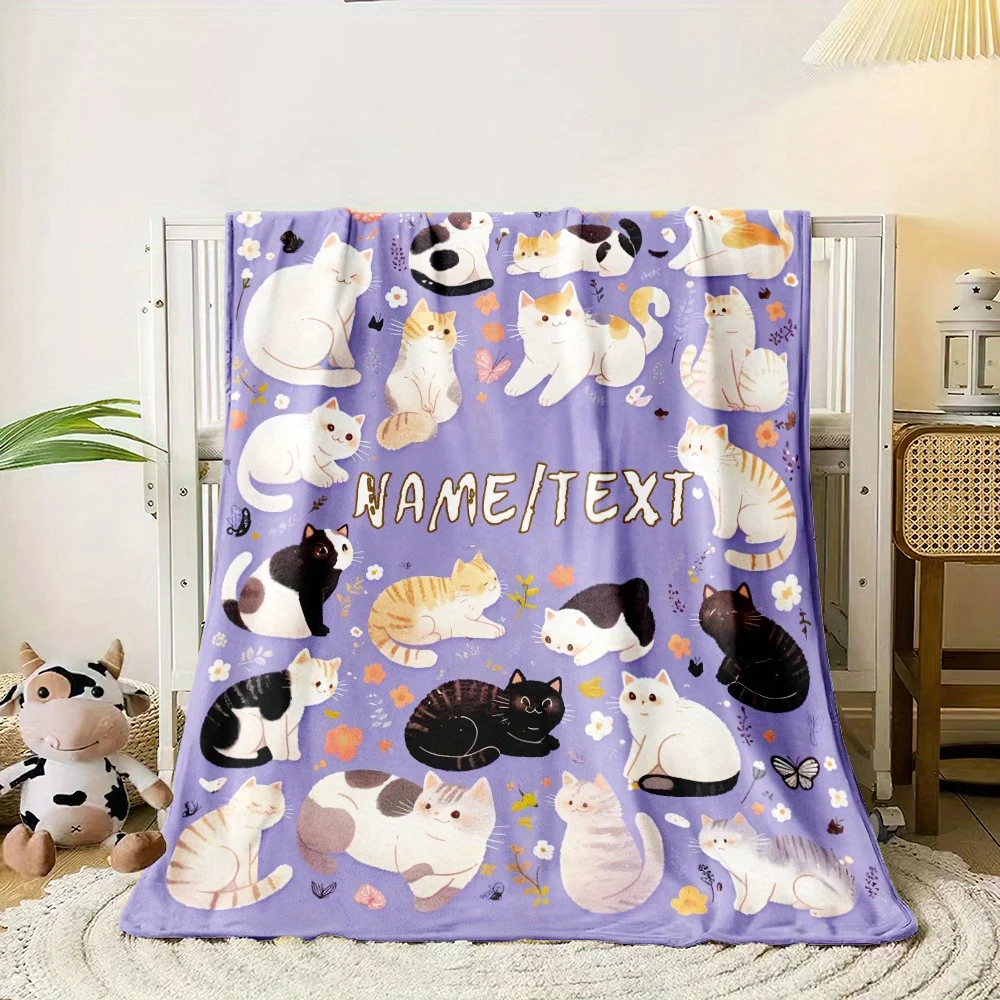 Personalized Purple Cartoon Cat Flannel Throw Blanket Warm for Couch, Bed, Travel, Camping | Custom Name Option