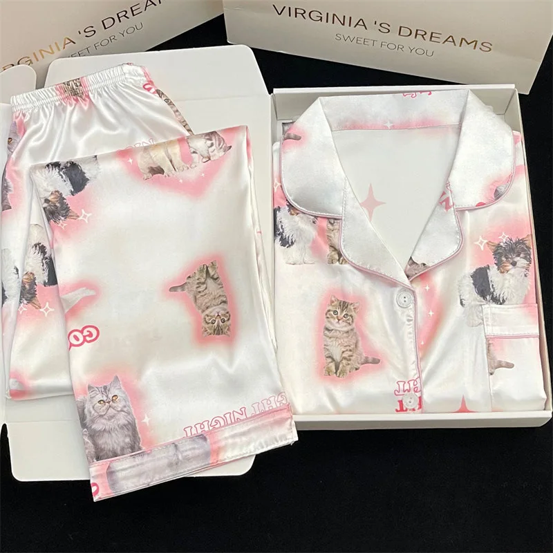 

Cute Cat Print Summer Thin Pajamas Women Silk Student Nightwear Loungewear Set Cardigan Long Sleeve Pants Ladies Sleepwear