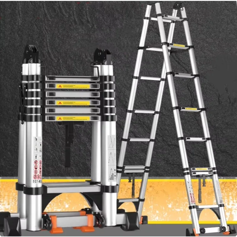 Folding telescopic aluminum ladder, modern aluminum alloy A-frame folding double telescopic ladder