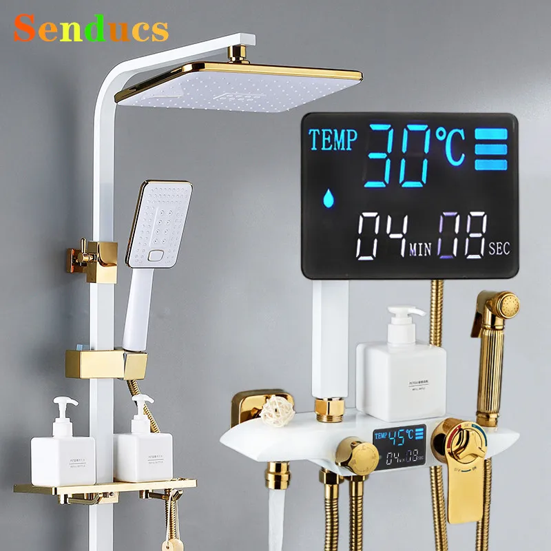 Thermostatic Digital Bathroom Shower Set Solid Brass Hot Cold Bathroom Shower System Faucet 12 Inch Rain Shower Head Accessories