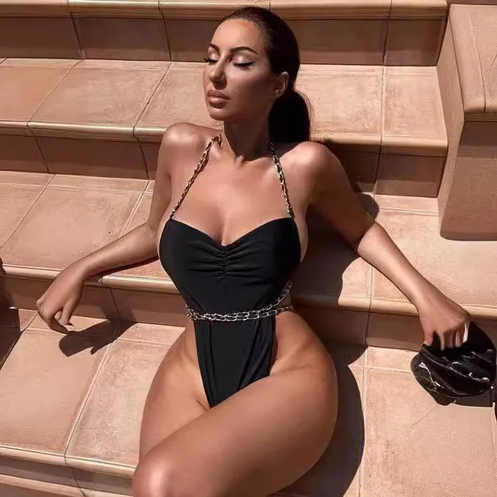 Sexy Bikini Set Single is Hell Song Zhiya Same Style European and American Black Chain Design One Piece Swimsuit