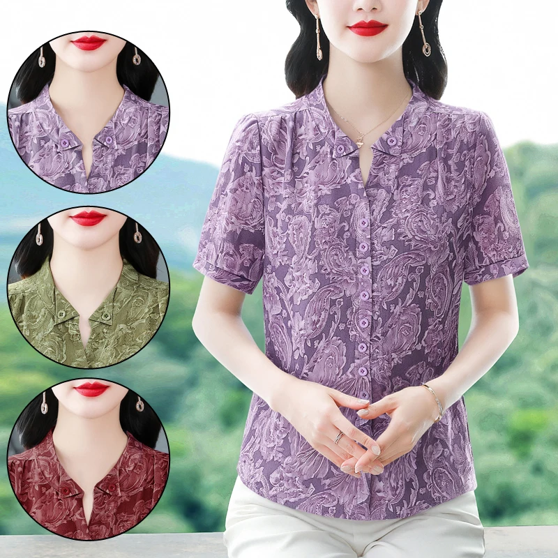 여름 반팔 중년 및 노년층 어머니 의류 패션 프린트 루즈 쉬폰 여성 블라우스 셔츠