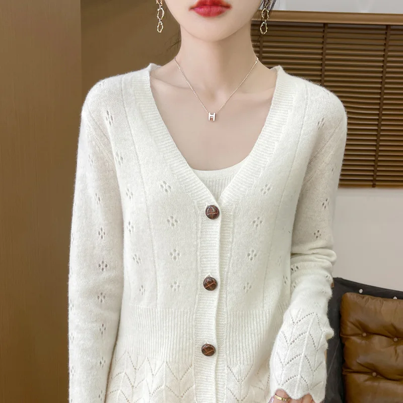 Spring and Autumn New Women's Clothing 100% Merino Wool V-neck Knitted Cardigan Fashionable Threaded Hollow Long Sleeve Tops