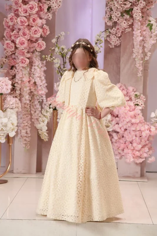 White Lace Balloon Sleeve Flower Girl Dresses for Wedding Hollow Out Lace Long Princess Kids Pageant First Communion Ball Gown