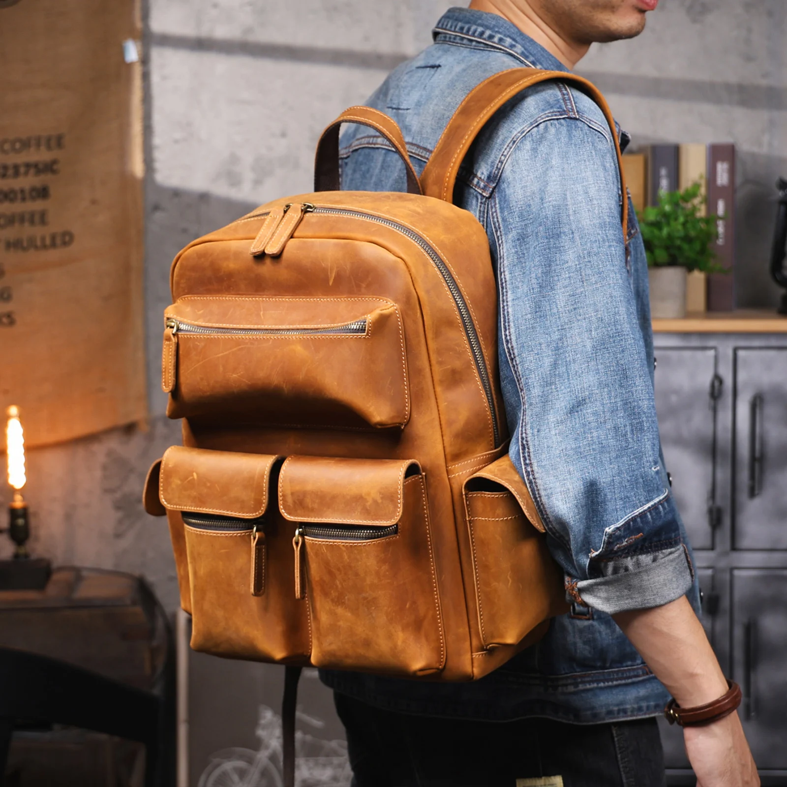 S.WORKER Vintage Echtleder Herrenrucksack Laptop-Tasche Vintage Freizeittasche Outdoor-Reise-Weekender-Tasche – Detail 4