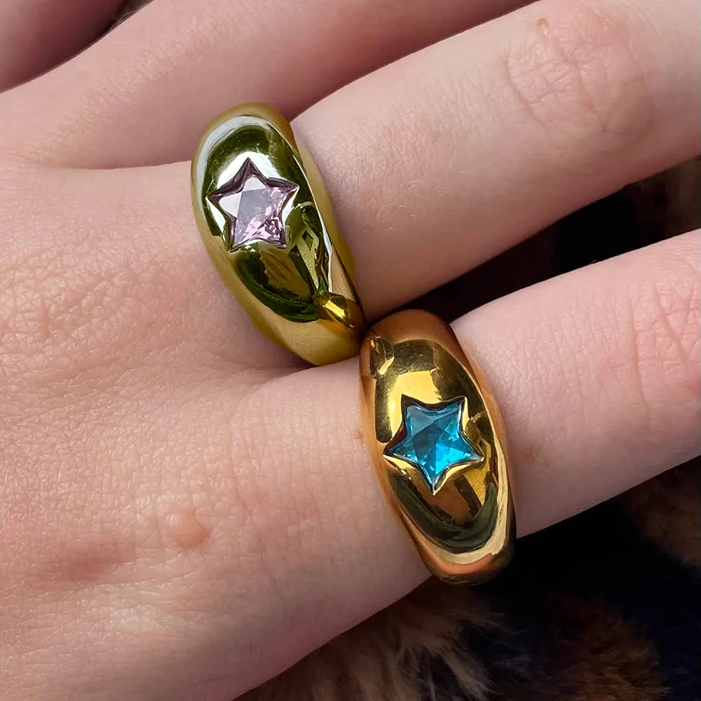 Anéis de estrela gordinha cor dourada 18k à prova d'água para mulheres elegantes de aço inoxidável rosa zircão cúpula anel de dedo femme bijoux anillos