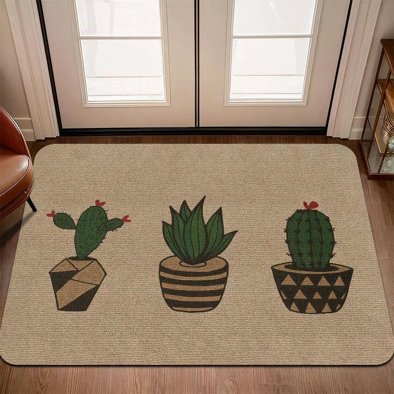 Potted Cactus Plant Doormat, Greenery Style Non-Slip Entryway Rug, Durable Washable Floor Mat for Living Room and Patio