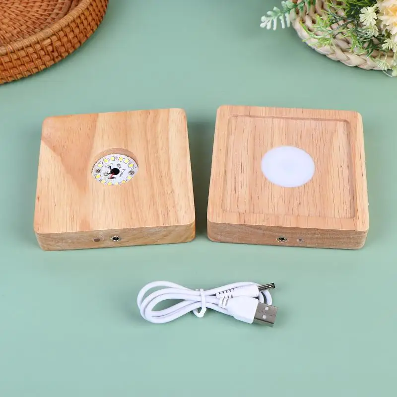 Square LED Wooden Lamp Holder Rechargeable Night Light Desktop Atmosphere Lamps Wood Panel Decorative Lights Base Art Fixtures