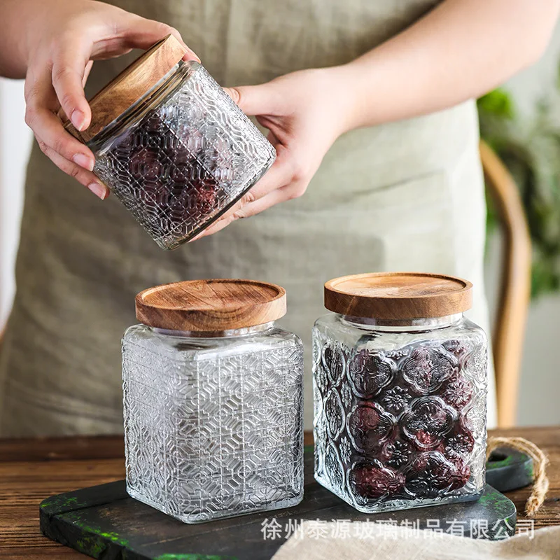 Vintage Square Embossed Glass Jar Acacia Wood Lid Sealed Jar Cylindrical Kitchen Storage Bottle Sugar Food Storage Container New