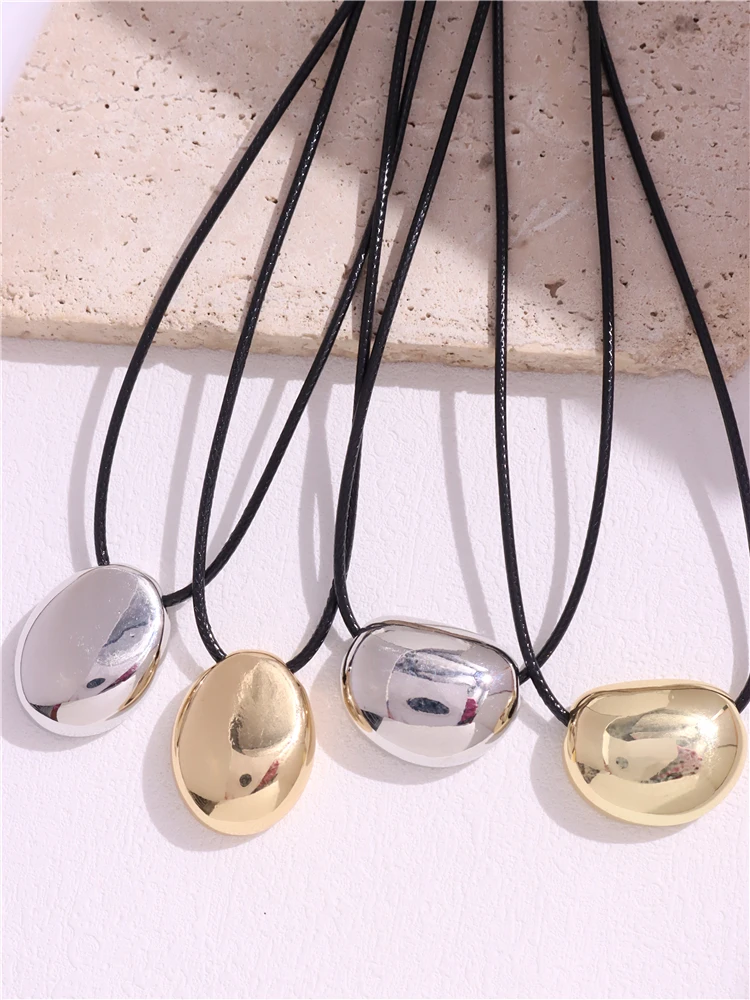 HUANZHI Smooth Oval Irregular Metal Necklace for Women Girls Leather Rope Chain Fashion Design Collar Chain Party Jewelry Gifts