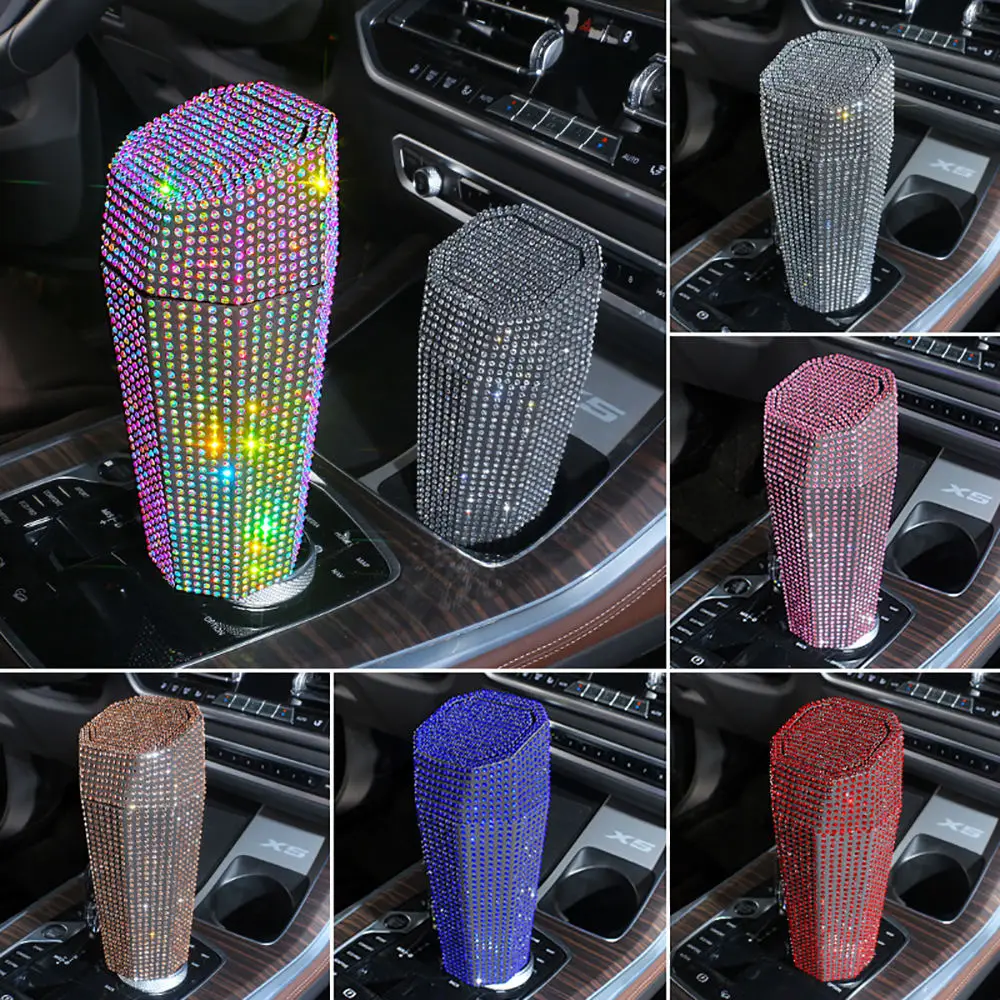 

Diamond Crystal Car Interior Mini Trash Can Dustbin Garbage Bin Storage Case Bucket Push Lid Universal Bling Auto Accessories