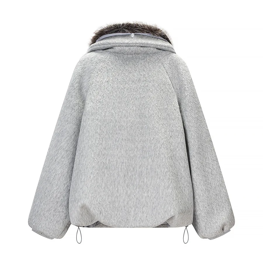 Women's Fashionable Casual Woolen Coat with Large Fur Collar and Quilted Lining   0OQ2