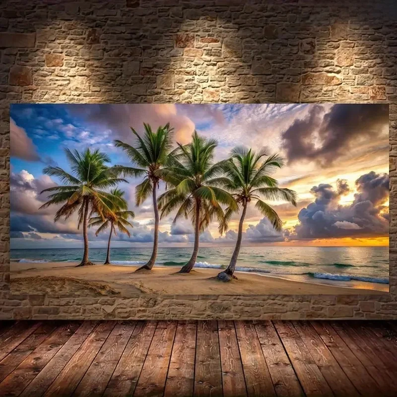 Tropical Palm Trees and Sea Sunset Beach Waves Scenery Large Diy Diamond Painting Full Diamond art Mosaic Jewelry Cross Stitch