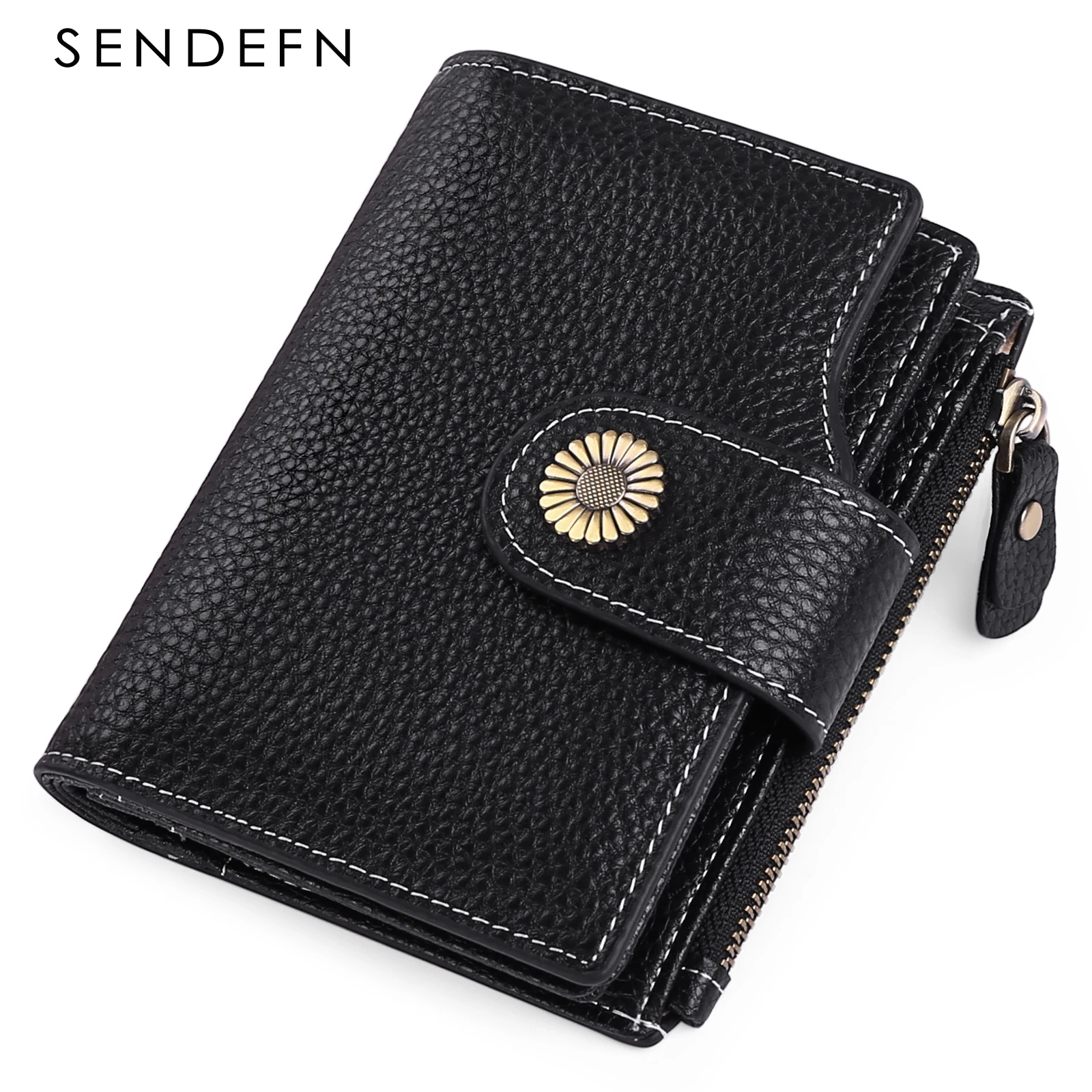 SENDEFN 2023 Women Genuine Leather Wallet short Large Capacity Purses Buckle Clutch Bag Luxury Brand Card Holder Zipper Handbag