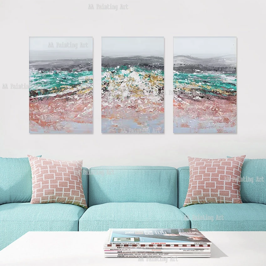 3Pcs Group Sea Wave Oil Painting Palette Knife Pure Handmade Luxury 3 Panels Canvas Large Wall Picture Art Home Showpieces