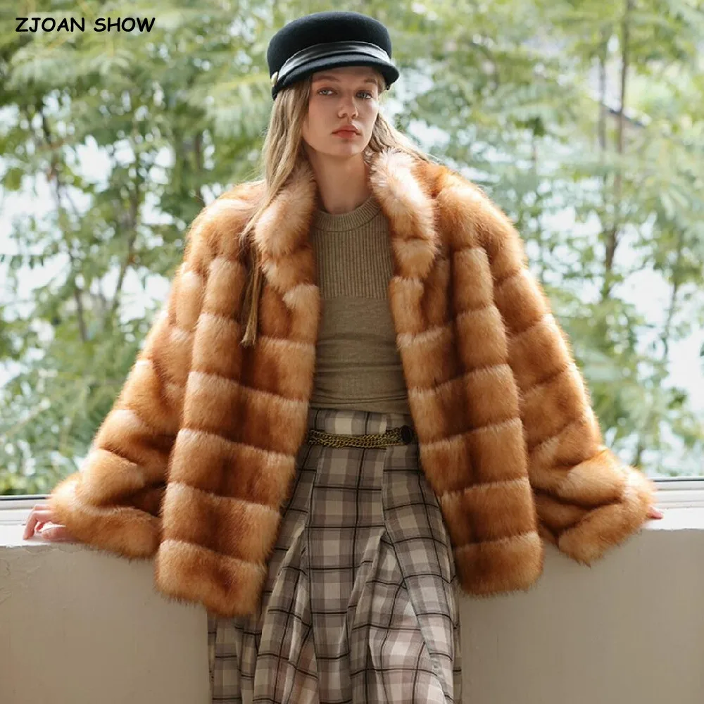 Vintage Women's Winter Stand Collar Gradient Colored Embossing Strips Faux Mink Fur Coat Long Sleeve Loose Straight Outerwear
