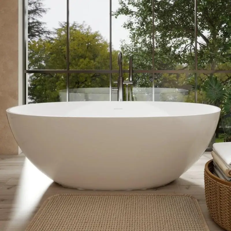 

65" Freestanding Solid Surface Soaking Bathtub, Handcrafted Stone Resin with Overflow & Pop-up Drain, Glossy White Finish
