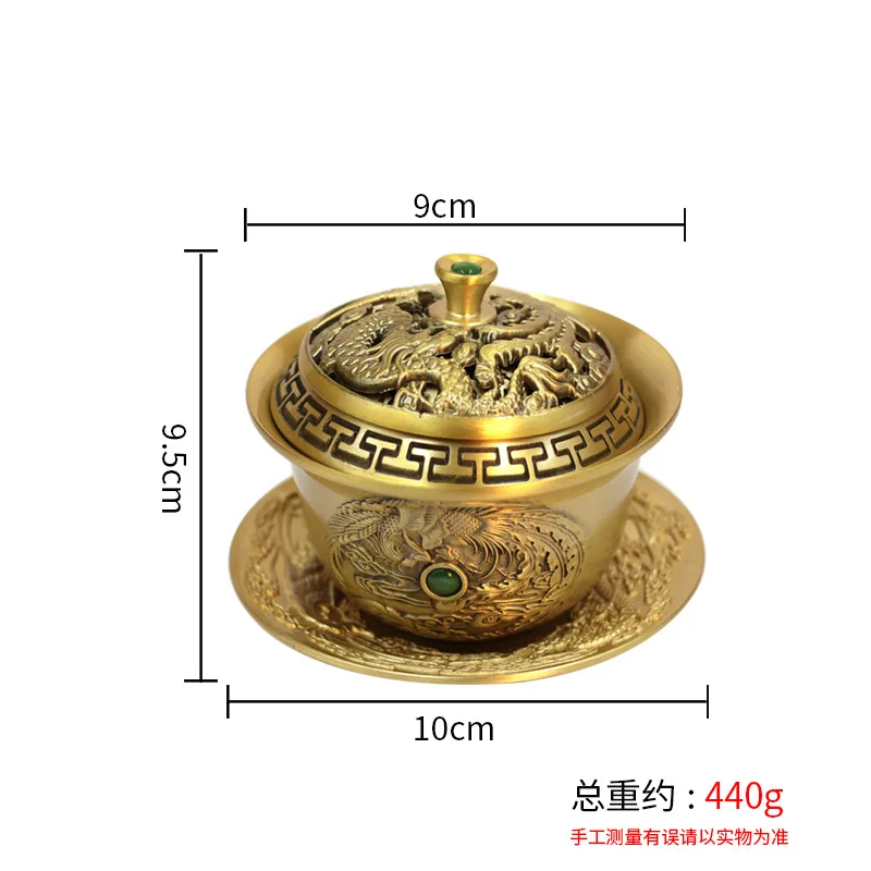 Brass with dragon and phoenix design, three-piece , decorative craft, tea set, copperware, offering bowl, home decor