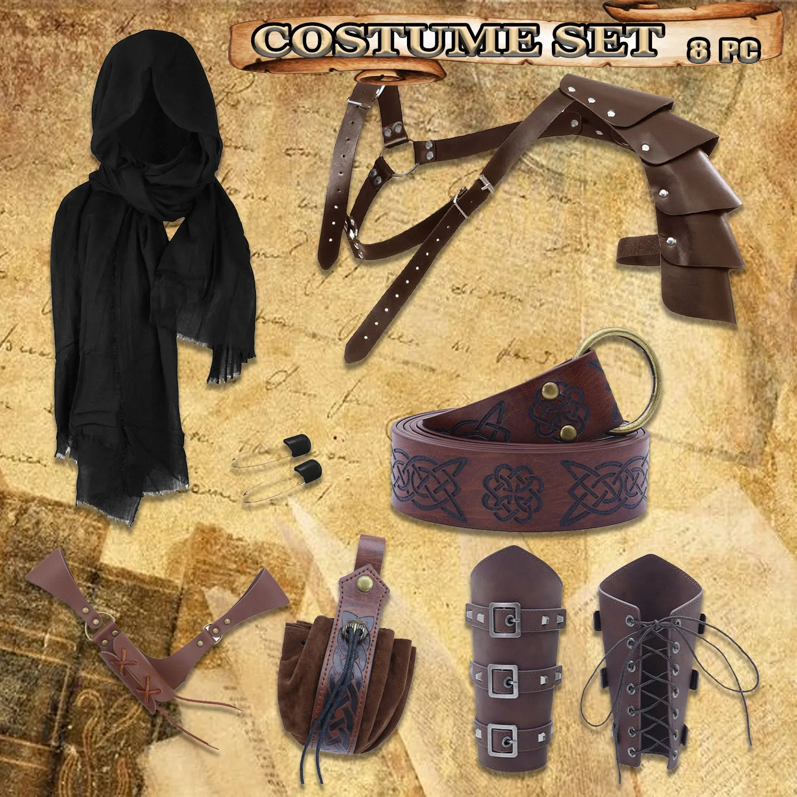 

Male Halloween Carnival Oktoberfest Outfits Scarf Accessory Set Medieval Belt Wristguard Cosplay Medieval Shirts for Men Green