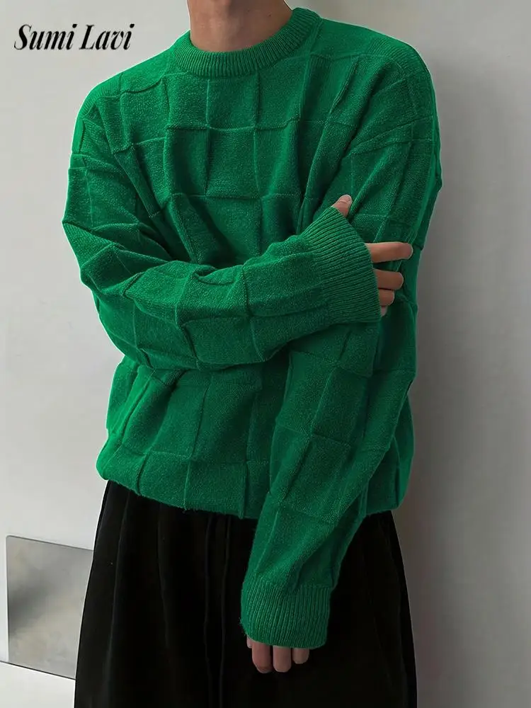 Fashion Square Texture Jumper Mens Autumn Loose Knit Pullover Sweater Male Daily Outdoor Solid Color Knitting Tops