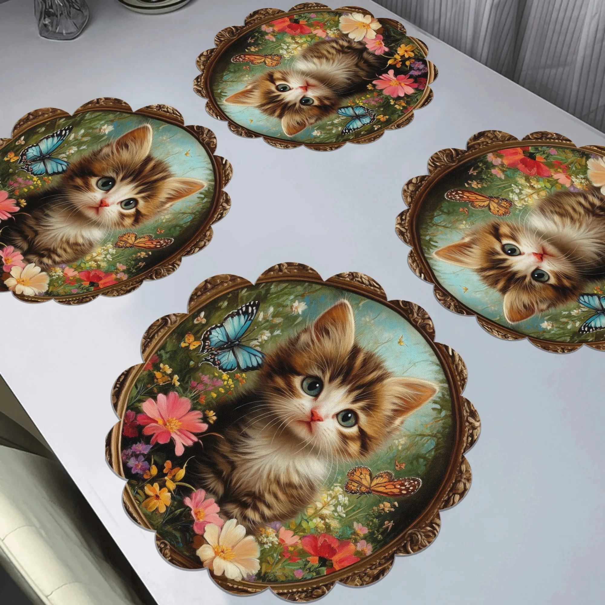 VIKAMA-alfombrilla para comida de jardín con bonito gato, 4 unidades, flor, gato, ojos azules, mariposa, flor, pastizales verdes, borde dorado, mesa redonda para restaurante