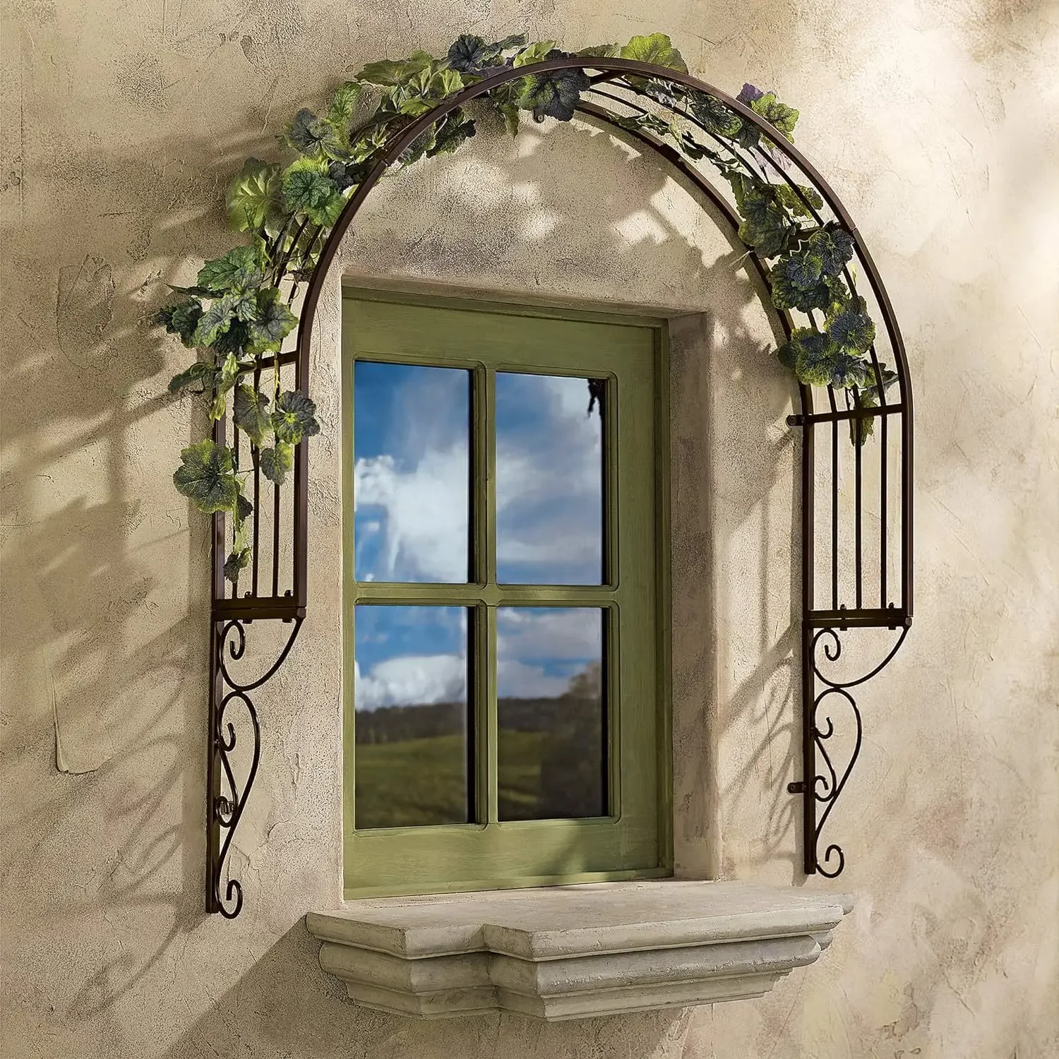 European wrought iron arch flower stand balcony window sill half moon clematis climbing vine frame window wall bracket garden