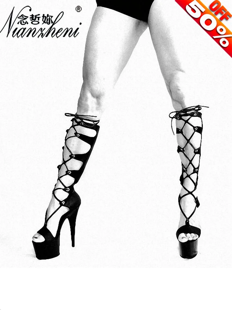 luxury Women Boots Design Gothic 15CM High Stripper Heels Roman Lace Up Hollow 6Inch Platform New Pole Dance Shoes Fetish Models