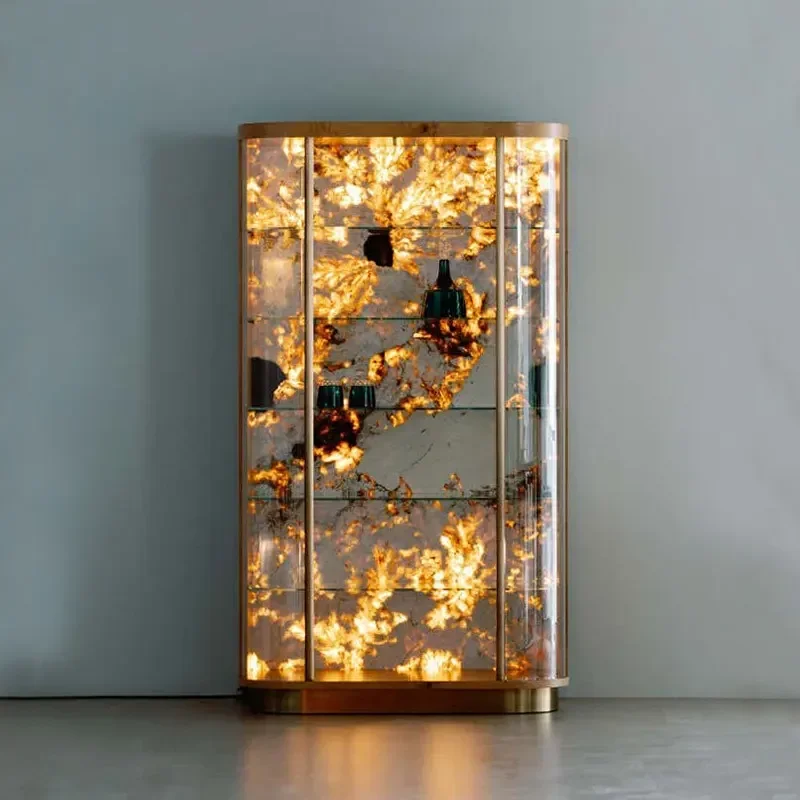 Arc glass wine cabinet villa high-end wall-mounted display cabinet luminous backplate living room storage luxury stone