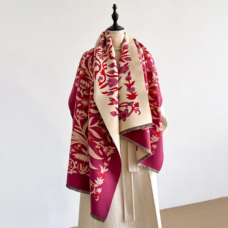 Elegante chal de Pashmina de Jacquard Floral para mujer, bufanda de manta a prueba de frío y cálida con diseño de borla de doble cara para invierno