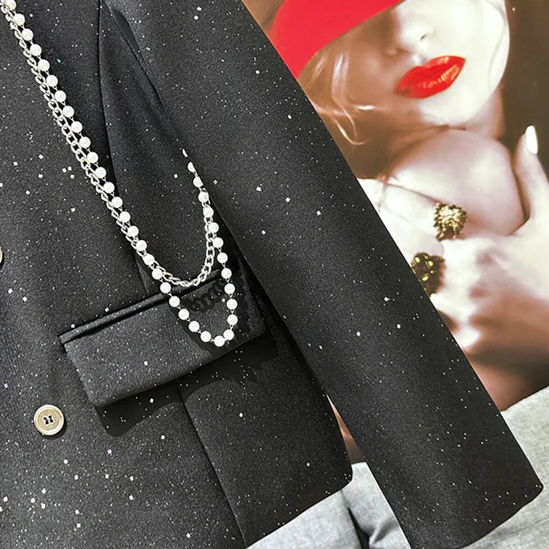 PFHQ 2024 New Fashionable Stylish Casual Sequin Design Suit Jacket Metal Chain Decoration Long Sleeve Male Tops 21Z5678