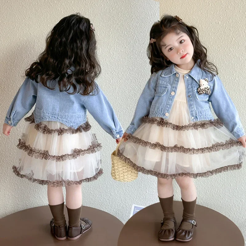 

Anime Hello Kitty Princess Layered Dress Yarn Skirt Set Two Piece Denim Jacket and Dress Set Long Sleeved Dress Holiday Gifts