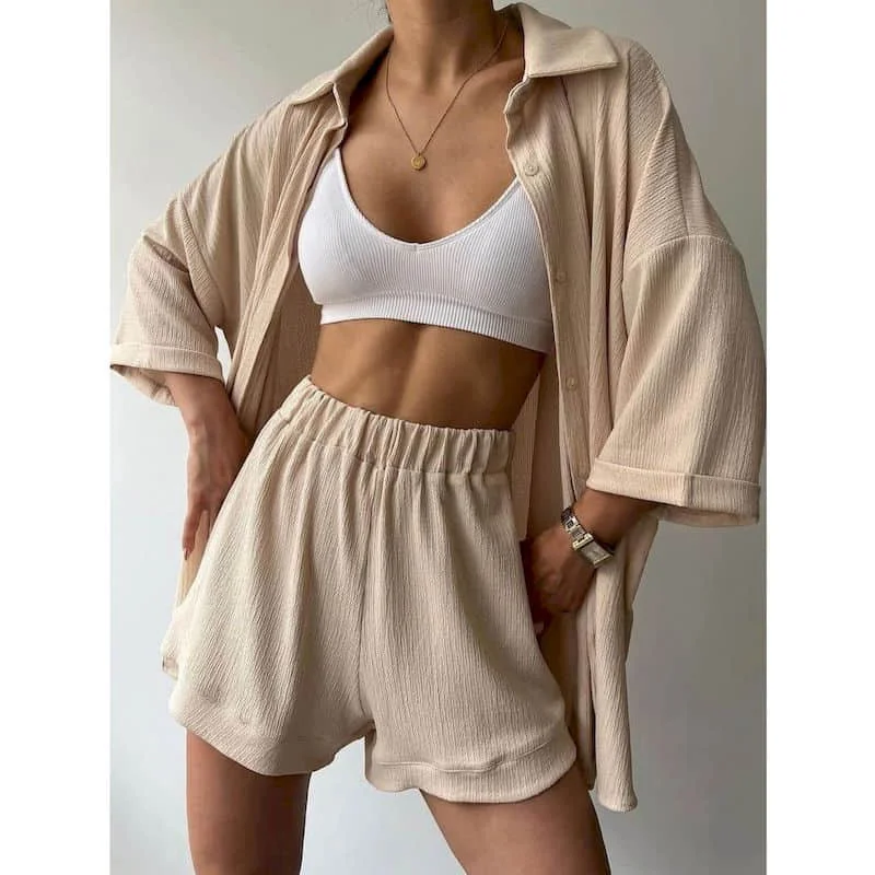 Elegante shorts sets shirts en shorts met halve mouwen tweedelige sets damesoutfits zomer herfstpakken losse broeksets in Koreaanse stijl
