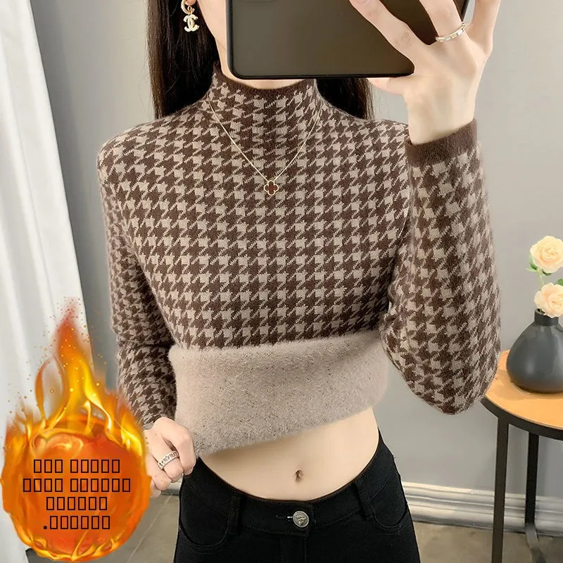 

Женский вязаный свитер Thiened Color Fce с высоким воротником, облегающая основа, зимняя теплая внутренняя одежда