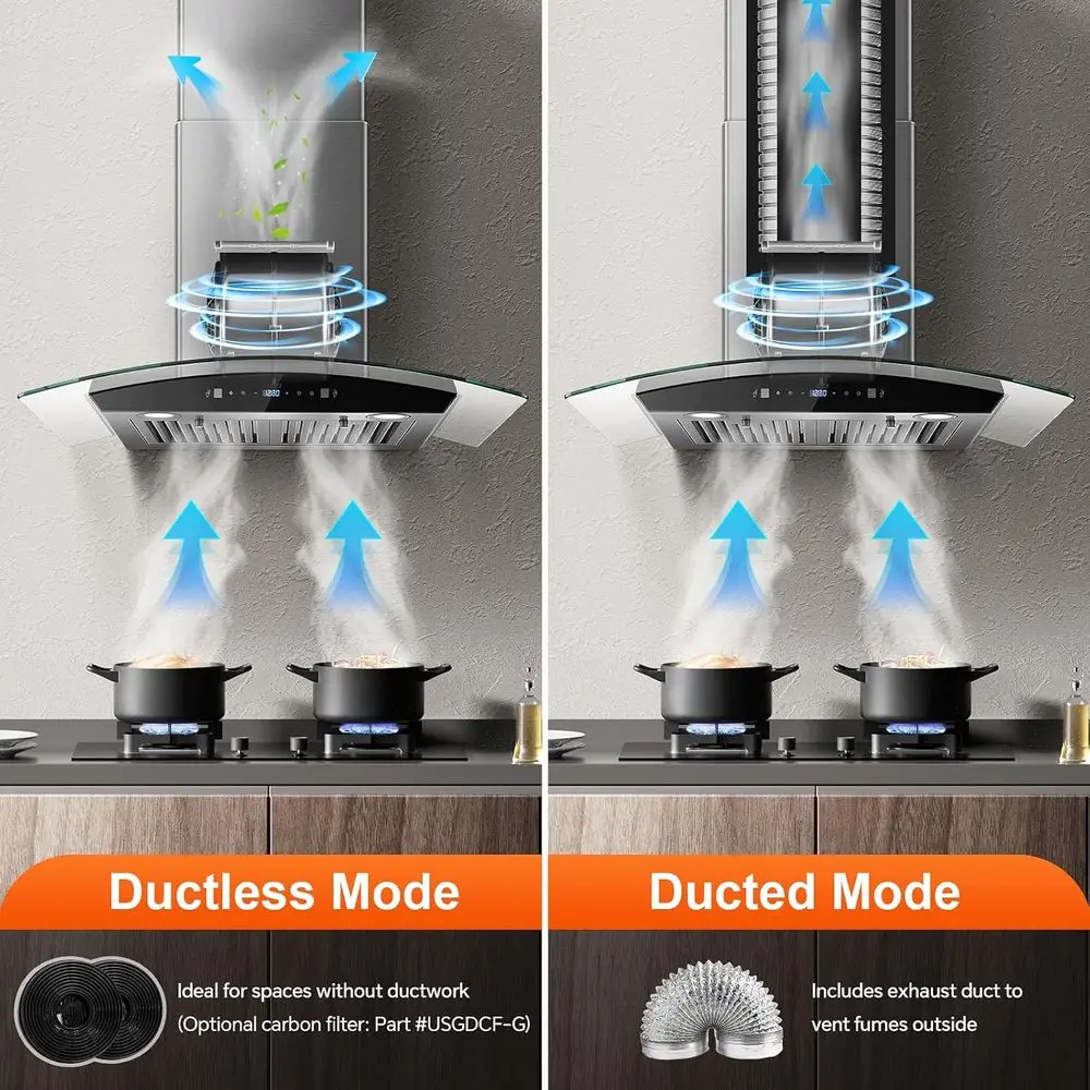 Okap kuchenny 76 cm (30 cali) do montażu ściennego z możliwością konwersji na okap kominowy/konewerter, komin ze stali nierdzewnej i filtry przeciwmgielne, sterowanie dotykowe