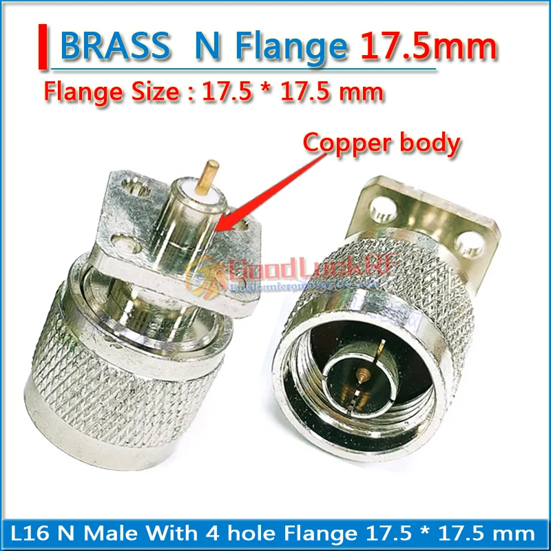 L16 N Male 4 hole Flange Panel Chassis Mount deck PTFE Solder 17.5 X 17.5 mm 25mm Copper Body 4mm Needle 3mm RF Coax Adapters