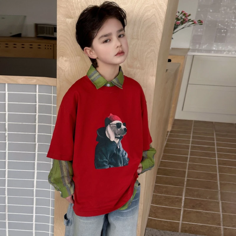 

2026 Summer Children's New Cotton Trendy Design Street Head Style Dog Printed Pattern T-shirt