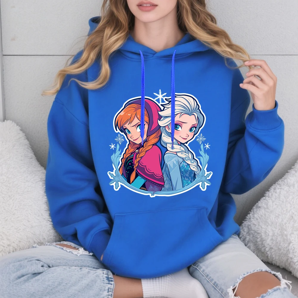 ديزني فروزن إلسا وآنا الأخوات طباعة الأزرق صوف مبطن مقنعين البلوز المرأة الخريف الشتاء الدافئة لينة مريحة البلوز #1