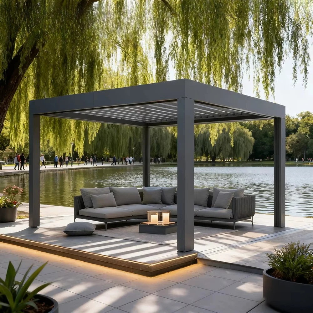 Angled Folding Slatted Roofing Canopy Awning With Metal Materials Fixed Clear Sunroof And Pergola