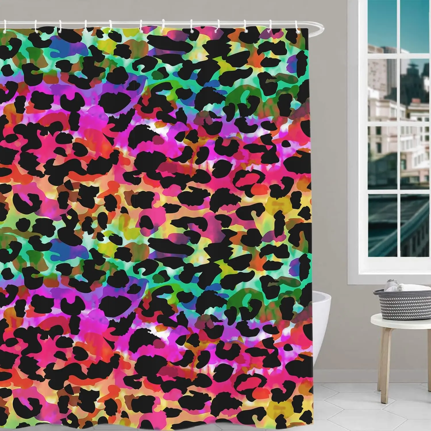 

Rainbow Leopard Print Shower Curtain Bold Colorful Pattern Fashion Statement Bathroom Decor Vibrant Tie Dye Style Water