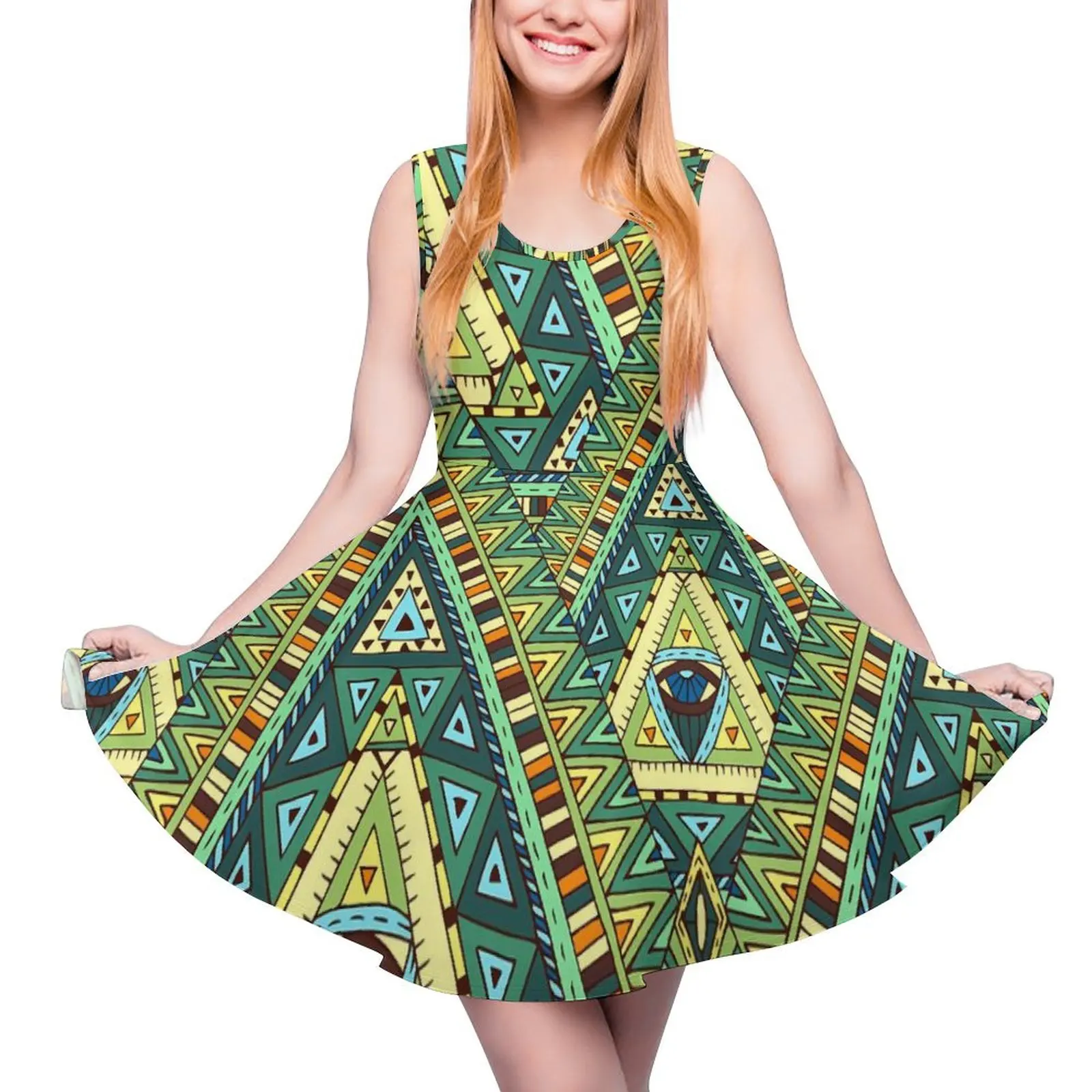 Boho Ethnic Dress Green And Yellow Sexy Dresses Sleeveless Casual Skate Dress Female Custom Vestido Gift