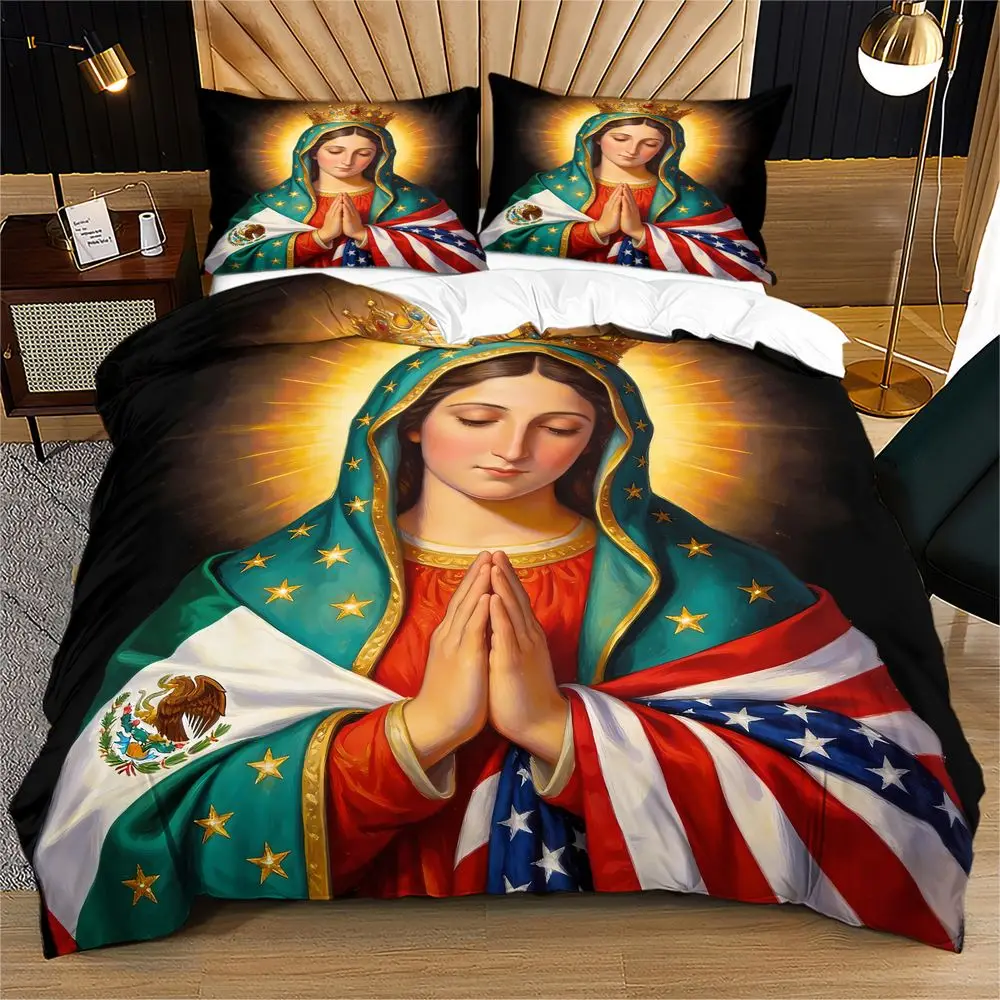 Virgin Mary Digital Print Duvet Cover Set Mexico USA Flag Bedding Set Soft Microfiber Religious Quilt Cover Home Bedroom Decor