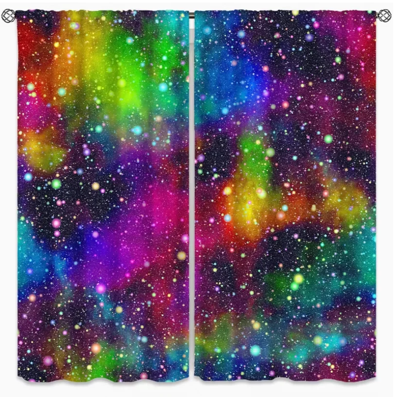 2pcs Galaxy Curtains - Colorful Starry Sky Nebula Print Semi-Sheer Rod Drapes Bedroom Living Room Outer Space Theme S Room Decor