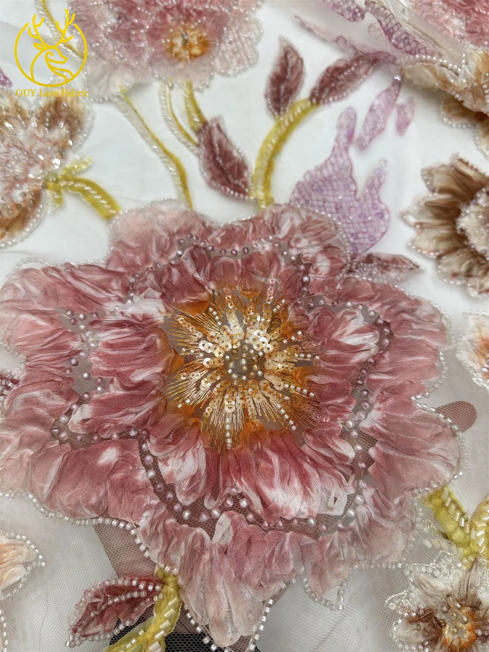 Neuer Stil 3D Blumen-Pailletten-Perlen-Spitzenstoff 2026 Afrikanischer Spitzenstoff Französische Netz-Pailletten-Spitze für Hochzeitskleider zum Nähen – Detail 7